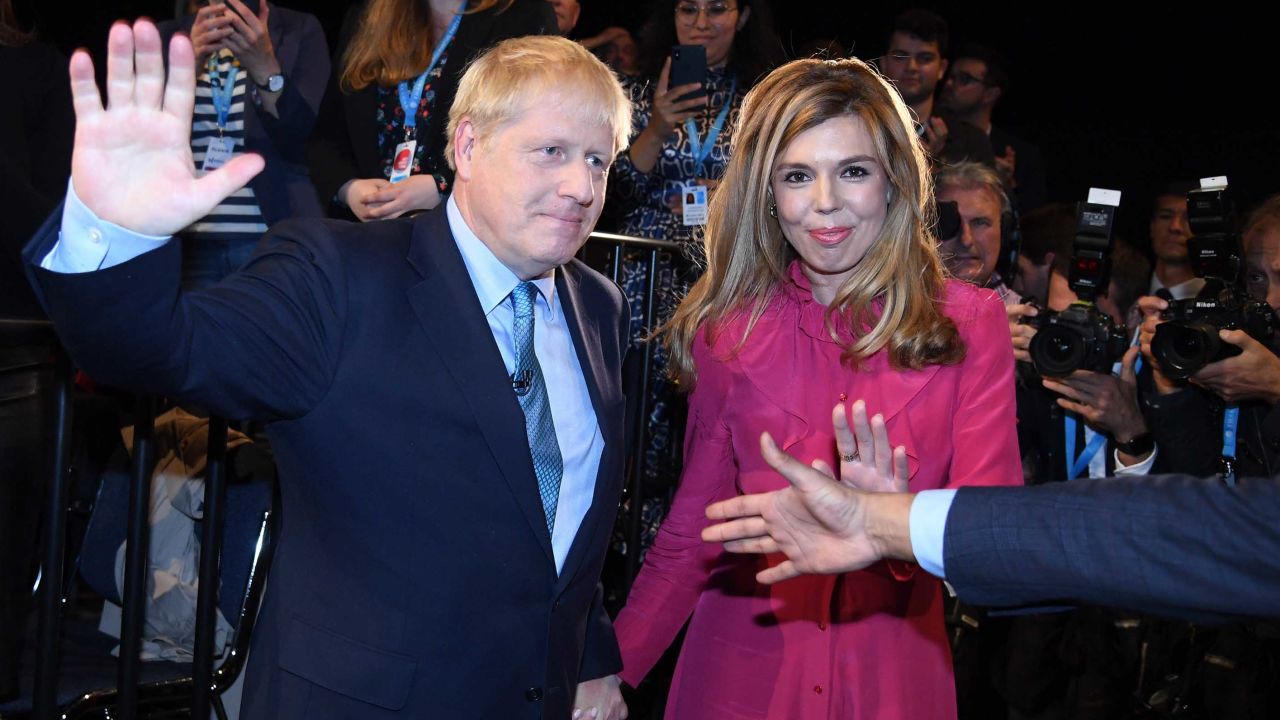 Prime Minister Boris Johnson with Carrie Symonds following his keynote speech at the October 2019 Conservative Party Conference in Manchester, England.