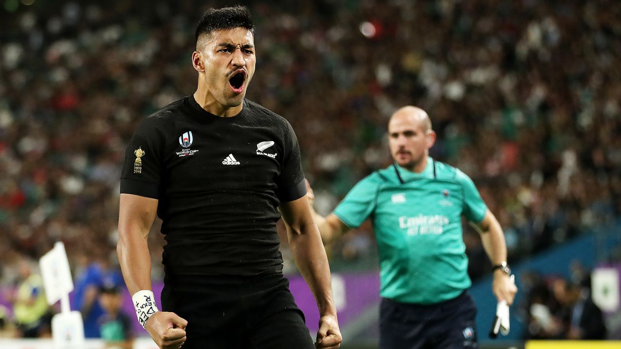 Rieko Ioane of New Zealand celebrates scoring a try against Canada at Oita Stadium.