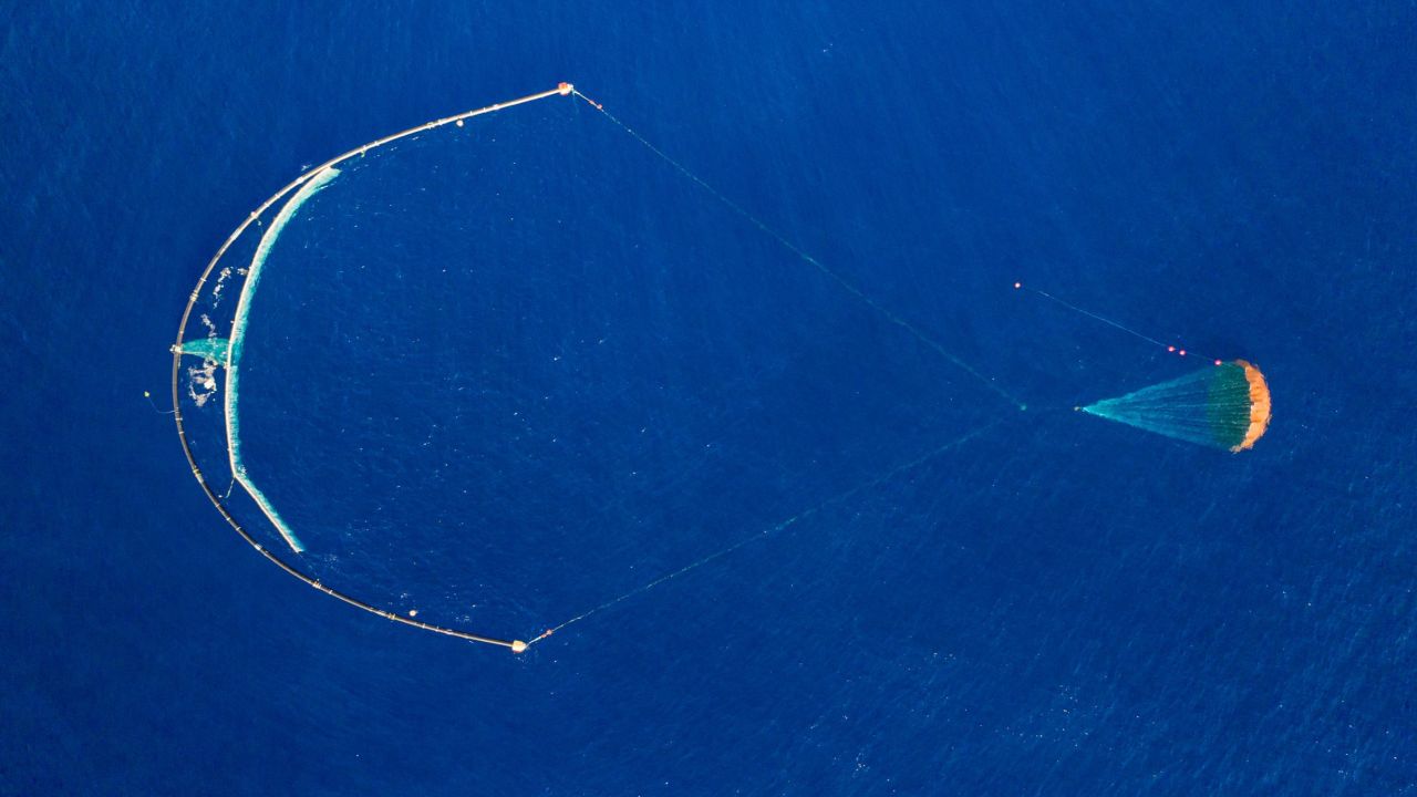 The Ocean Cleanup's System 001/B collects and holds plastic until a ship can collect it.