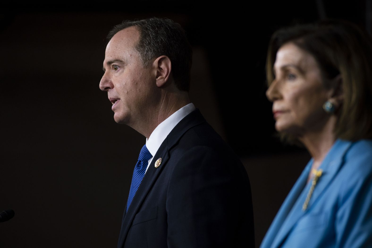 Schiff and Pelosi attend their news conference on October 2. Pelosi said the impeachment inquiry <a href="index.php?page=&url=https%3A%2F%2Fwww.cnn.com%2Fpolitics%2Flive-news%2Ftrump-impeachment-inquiry-10-02-2019%2Fh_c846ab6b42ba56cd77ea55d32bd60d6e" target="_blank">is "not anything to be joyful about"</a> and called this a "sad time for the American people." She said that the House had "no choice but to go forward" with the proceedings.