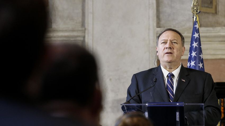 US Secretary of State Mike Pompeo speaks during a joint press conference with Italy's Foreign Minister Luigi Di Maio (not pictured) following their meeting at Villa Madama in Rome on October 2, 2019 . ANSA/FABIO FRUSTACI (ANSA via AP)