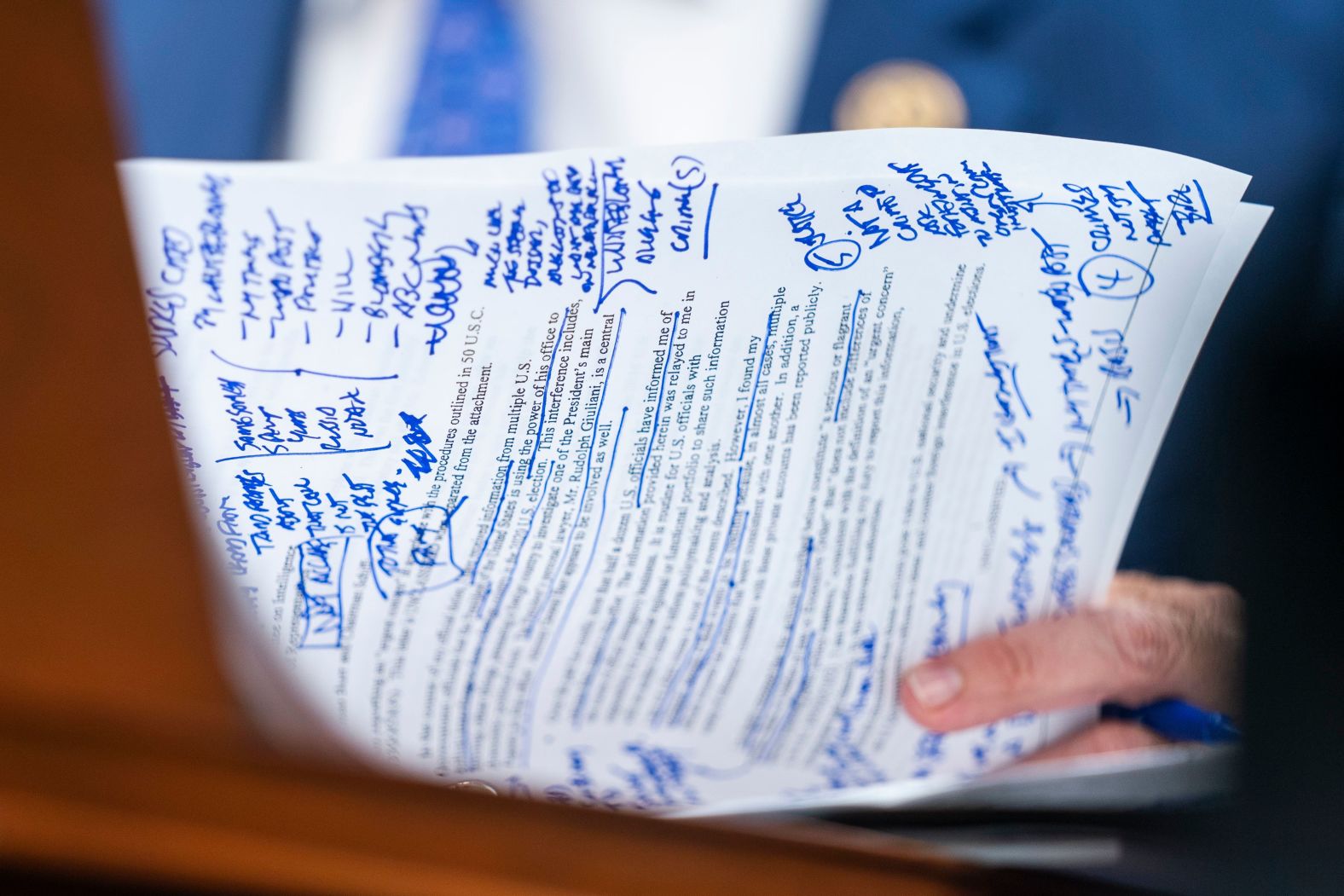 US Rep. John Ratcliffe, a Republican, holds his notes on <a href="https://www.cnn.com/interactive/2019/09/politics/whistleblower-complaint-annotated/" target="_blank">the whistleblower's complaint</a> as he questions Maguire on September 26.