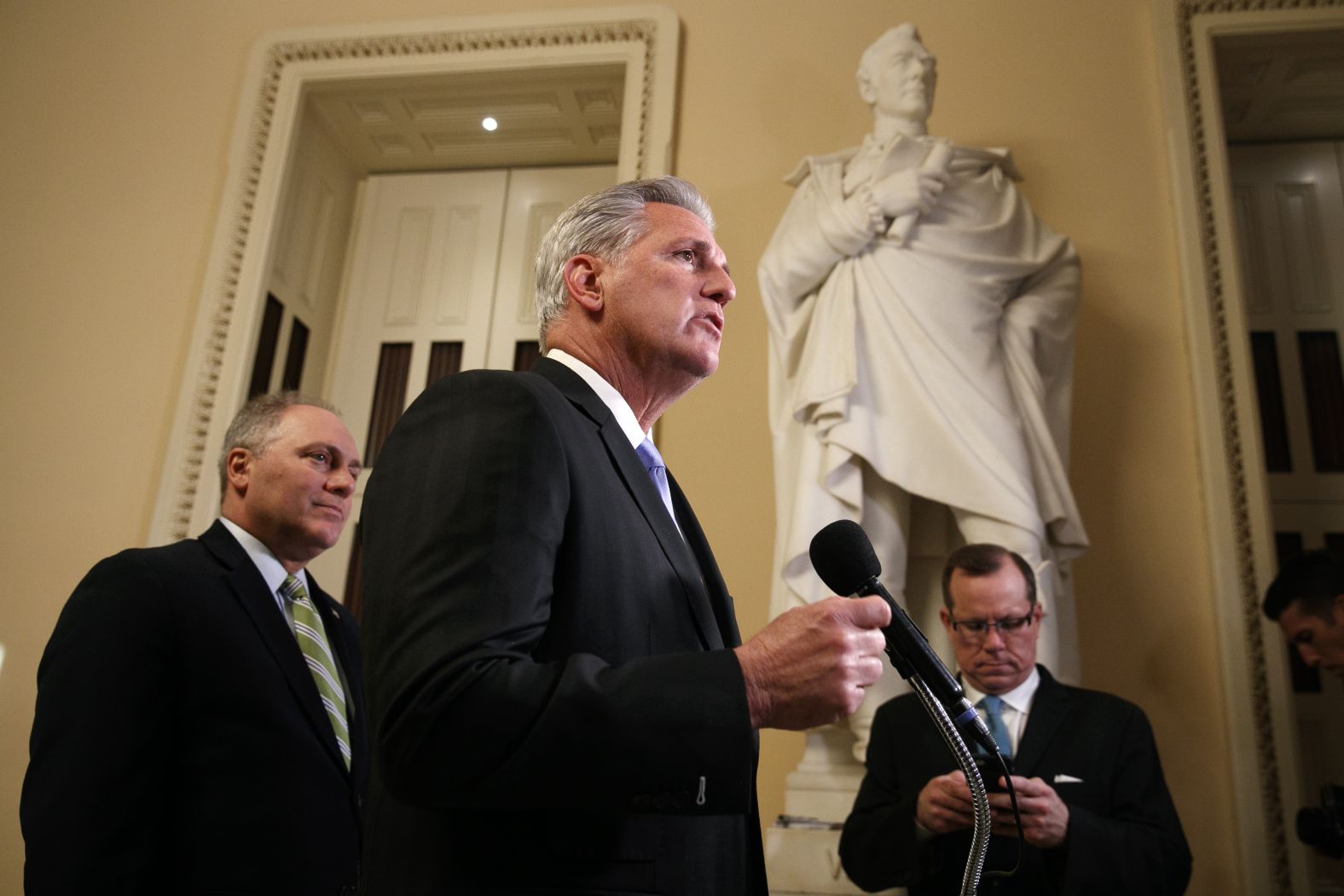 House Minority Leader Kevin McCarthy delivers <a href="https://www.cnn.com/2019/09/24/politics/trump-impeachment-response-video-democrats/index.html" target="_blank">a GOP response</a> to Pelosi's announcement of an impeachment inquiry. McCarthy said Pelosi "does not speak for America when it comes to this issue."