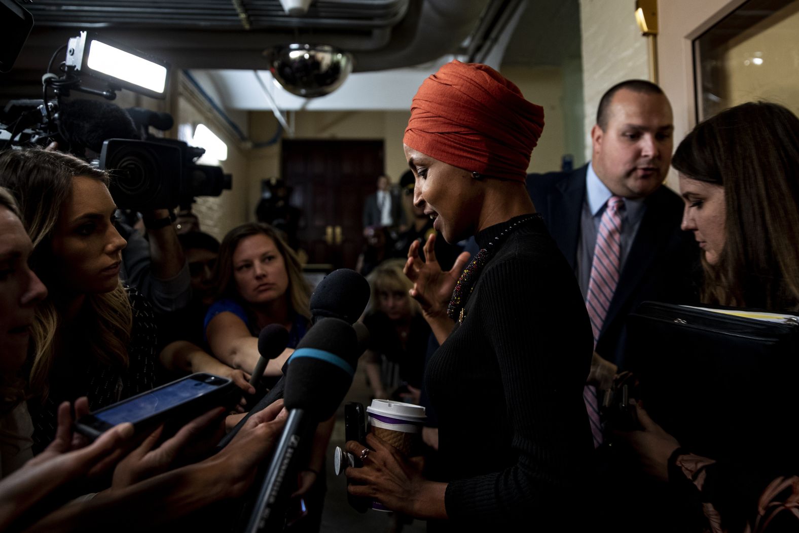 US Rep. Ilhan Omar speaks to reporters on Capitol Hill on September 24. The Democrat from Minnesota <a href="index.php?page=&url=https%3A%2F%2Fwww.cnn.com%2Fpolitics%2Flive-news%2Ftrump-ukraine-09-24-2019%2Fh_a99a0c64ec59e8b38c3f43f806e94f32" target="_blank">told CNN</a> that Trump's phone call with Ukraine's president was "the straw that broke the camel's back" for the House deciding to move forward with an impeachment inquiry.