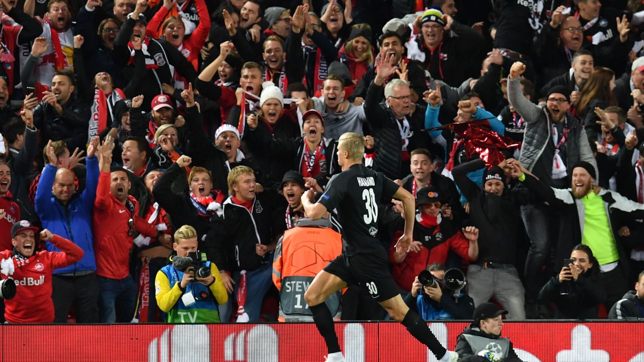 Salzburg's Norwegian forward Erling Braut Håland (C) celebrates after making it 3-3.
