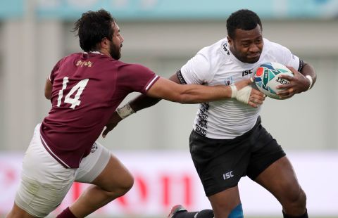 Fiji took on Georgia looking for its first win in the tournament. Kini Murimurivalu (right) was in action taking on Georgia's Giorgi Kveseladze at Hanazono Rugby Stadium in Osaka.