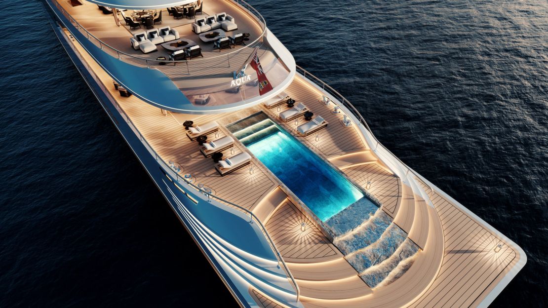 Renderings for Aqua, a 112-meter superyacht concept powered by liquid hydrogen and fuel-cell technology.