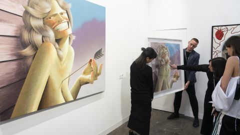 HONG KONG, HONG KONG - MARCH 27: Visitors viewing artwork at Art Basel on March 27, 2019 in Hong Kong, Hong Kong. Art Basel Hong Kong 2019 will be open to public from March 29 to March 31, 2019. (Photo by Theodore Kaye/Getty Images)