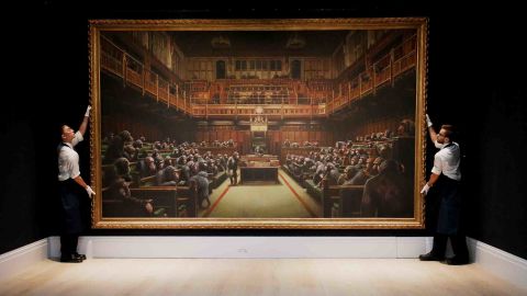 Banksy's "Devolved Parliament" at London auction house Sotheby's, where it sold on Thursday.