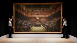 Banksy's "Devolved Parliament" at London auction house Sotheby's, where it sold on Thursday.