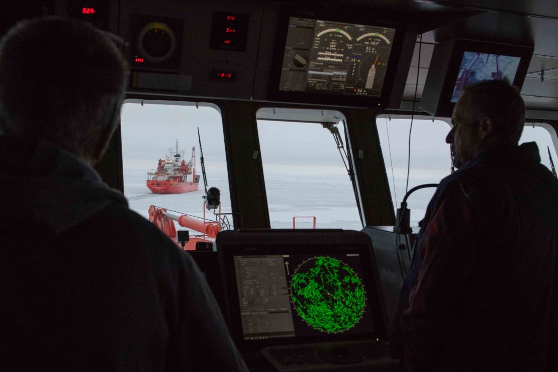 Captain Stefan Schwarze and Lutz Peine First officer on the bridge of Polarstern on October 2, 2019. Photographer Esther Horvath is onboard the Polarstern as part of the year-long MOSAiC expedition.