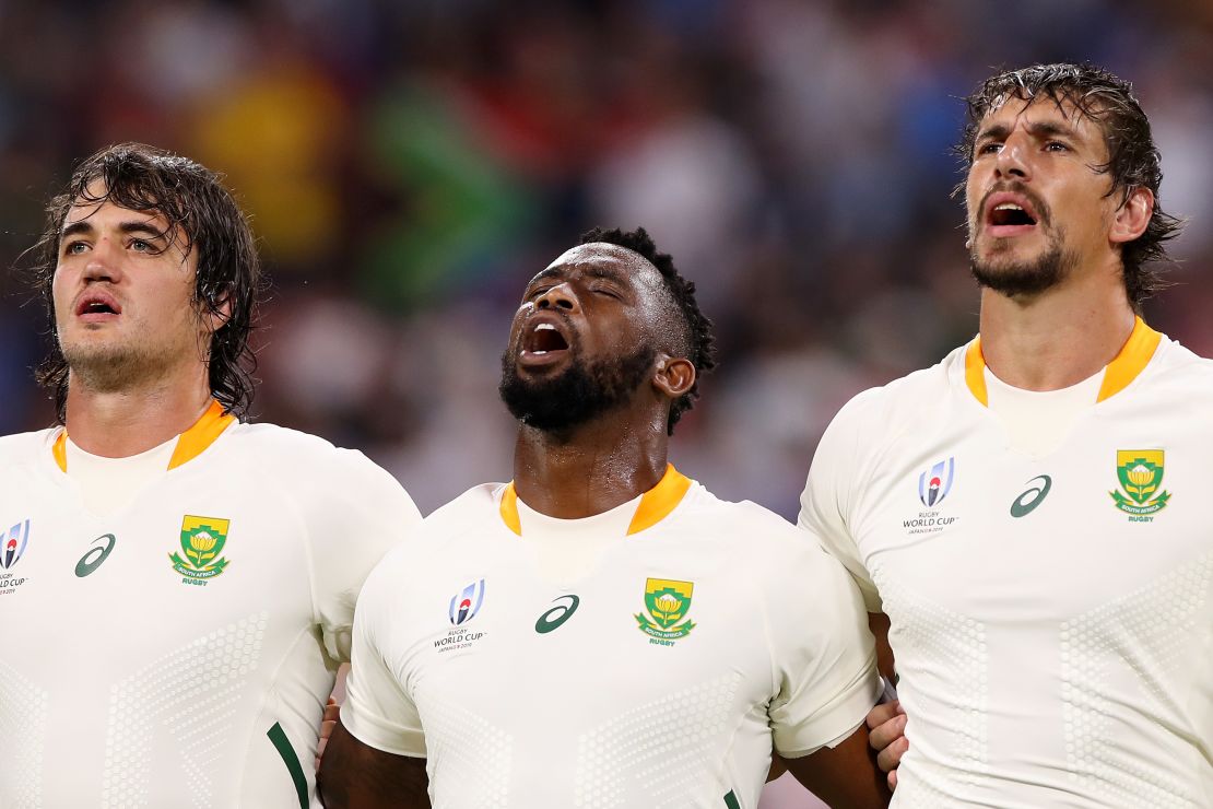 Eben Etzebeth (right) and Siya Kolisi sing the South African national anthem ahead of their Rugby World Cup game against Namibia.