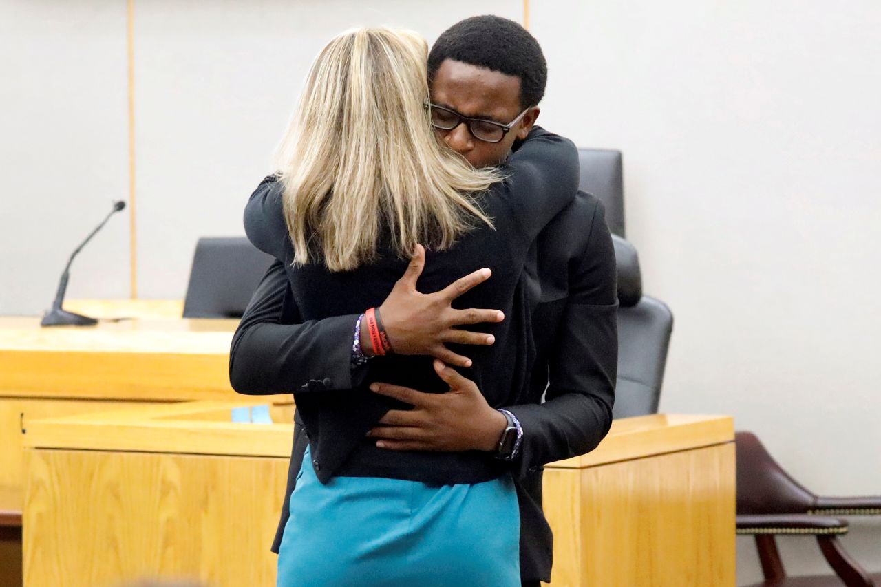 Brandt Jean hugs Amber Guyger, the woman who fatally shot his younger brother, after <a href="https://www.cnn.com/2019/10/02/us/botham-jean-brother-amber-guyger-hug/index.html" target="_blank">she was sentenced to 10 years in prison</a> on Wednesday, October 2. He said he forgave Guyger, a former Dallas police officer, for shooting his brother, Botham, in 2018. 