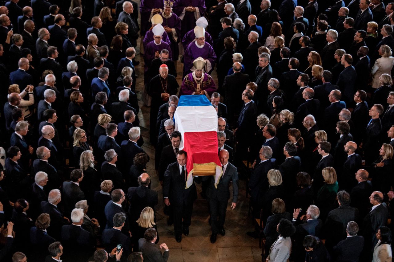 The casket of <a href="https://www.cnn.com/2019/09/26/europe/jacques-chirac-former-french-president-died-intl/index.html" target="_blank">former French President Jacques Chirac</a> is carried at his funeral service in Paris on Monday, September 30. Chirac was 86.