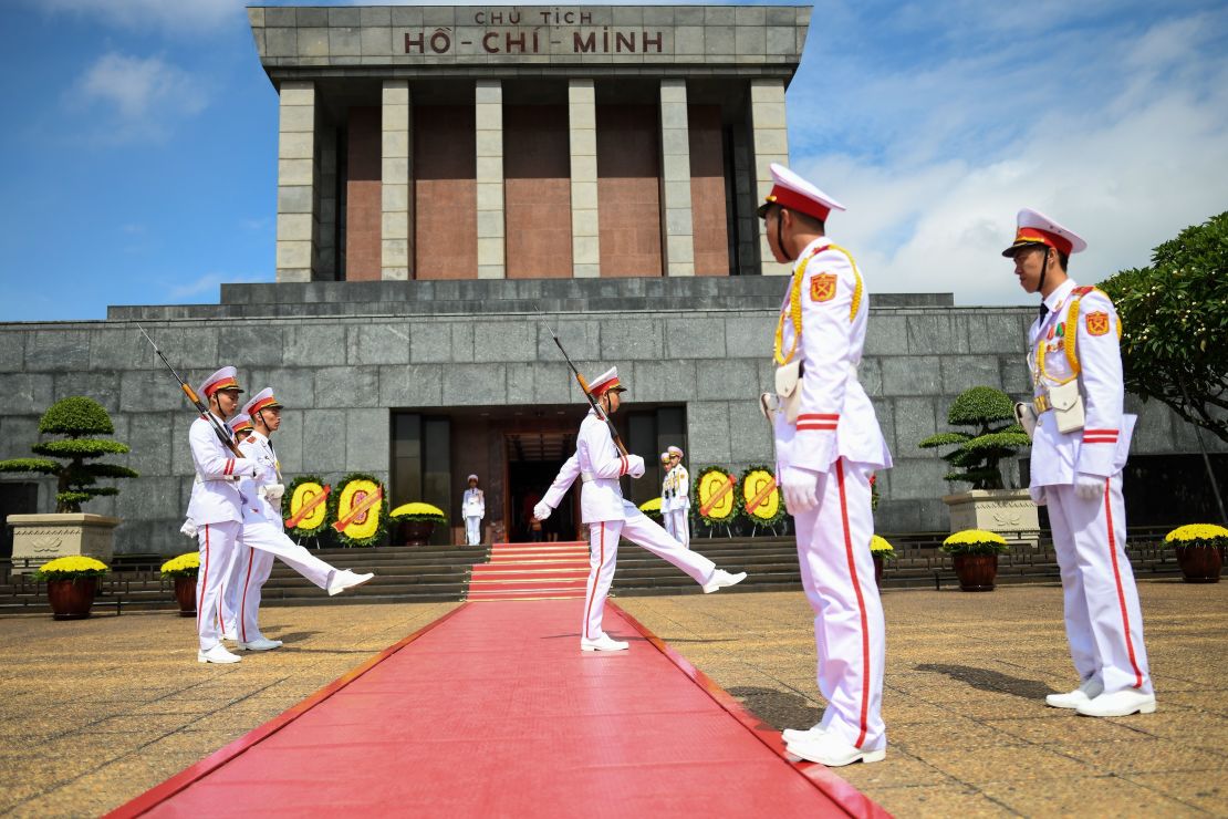 Vietnamese military personnel stand guard outside the Ho Chi Minh mausoleum in Hanoi.