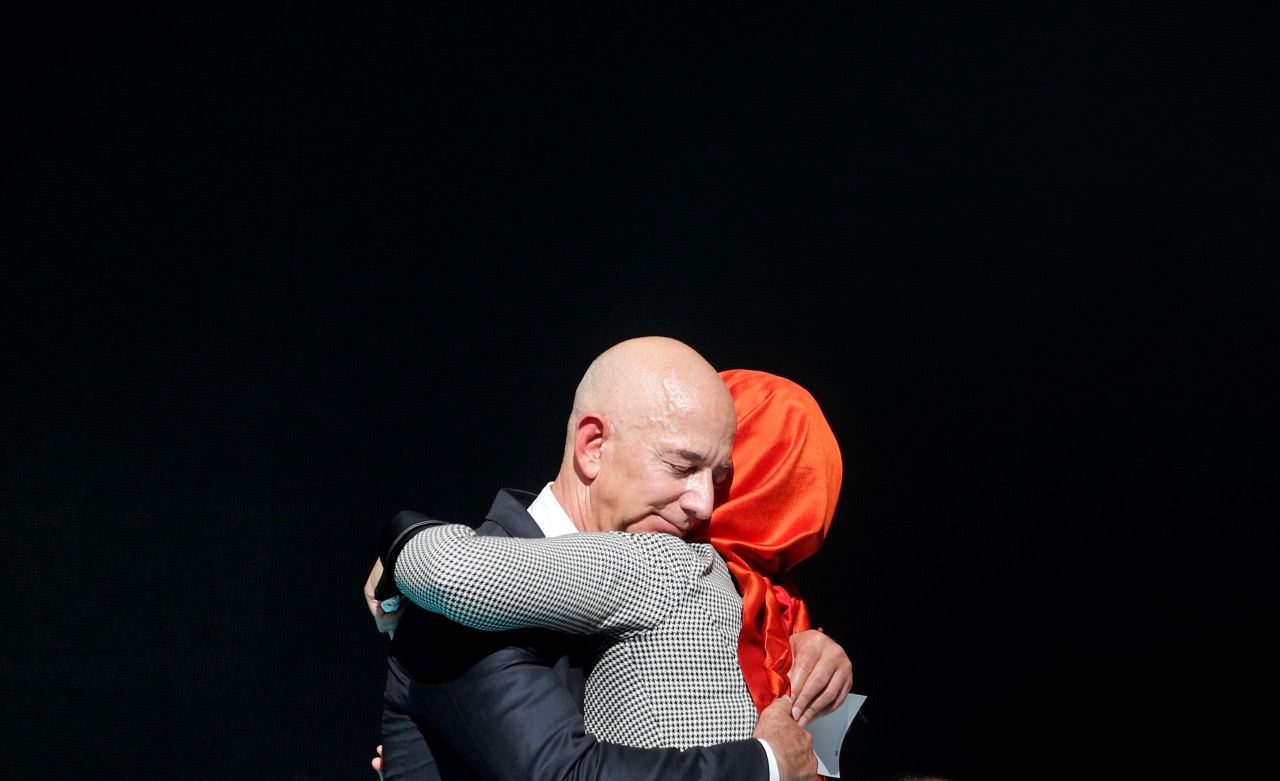 Hatice Cengiz, fiancee of the late Saudi journalist Jamal Khashoggi, hugs Jeff Bezos during a ceremony in Istanbul <a href="https://www.cnn.com/2019/10/02/media/jeff-bezos-jamal-khashoggi-ceremony-trnd/index.html" target="_blank">marking the first anniversary of Khashoggi's death</a> on Thursday, October 2. Khashoggi was a columnist for the Washington Post, which Bezos owns.