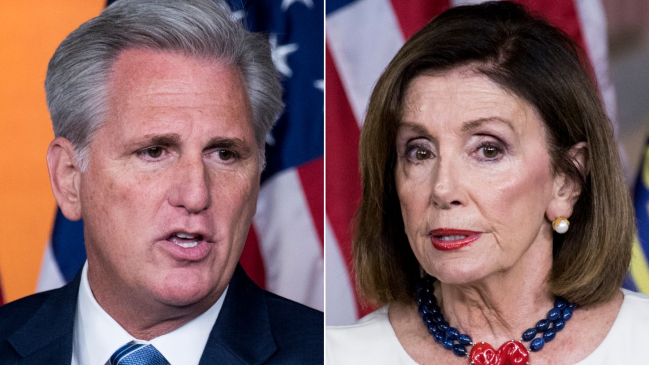 At left, House Minority Leader Kevin McCarthy, who asked House Speaker Nancy Pelosi, at right, to suspend House Democrats' impeachment inquiry on Thursday.