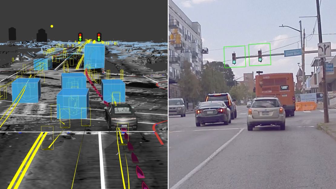 An intersection is shown in the real world, right, and in Aurora's planning simulation, left.