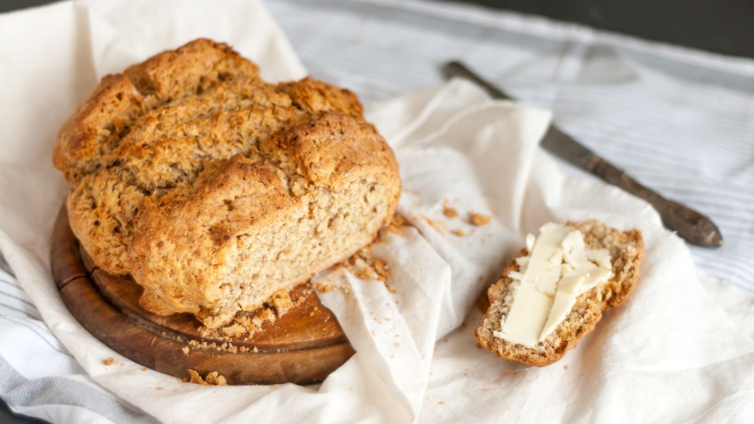 <strong>Soda bread, Ireland. </strong>With potato crops failing, the Irish started mixing loaves using soft wheat flour, sour milk and baking soda. Now, dense loaves of soda bread are paired with salted Irish butter. <br />