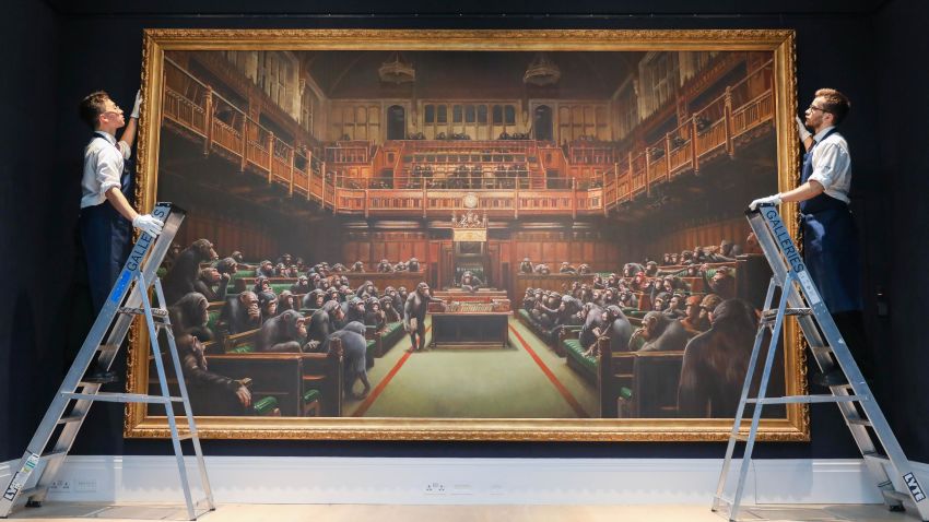 LONDON, ENGLAND - SEPTEMBER 27: Banksy's Devolved Parliament (est. GBP1.5-2m) is displayed to the press during the preview for Sotheby's Frieze Week Contemporary Art Auctions at Sotheby's on September 27, 2019 in London, England. Banksy's Devolved Parliament will be offered in Sotheby's Frieze Week Contemporary Art Evening Auction alongside works by Basquiat, Fontana, Borgeois, Hackney, Bacon and more. (Photo by Tristan Fewings/Getty Images for Sotheby's)