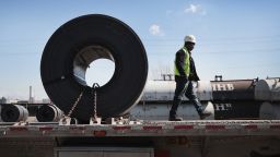 PORTAGE, IN - MARCH 15: Steel is loaded onto a truck for shipping at the NLMK Indiana steel mill on March 15, 2018 in Portage, Indiana. The coils, which are custom made to customer specifications, weigh an average of nearly 25 tons. The mill, which is projected to produce up to 1 million tons of steel from recycled scrap in 2018, is considered a mini mill by U.S standards. NLMK Indiana is a subsidiary of NLMK, one of Russia's largest steel manufacturers, responsible for nearly a quarter of Russias steel production. Steel producers in the U.S. and worldwide are preparing for the impact of the recently-proposed tariffs by the Trump administration of 25 percent on imported steel.  (Photo by Scott Olson/Getty Images)