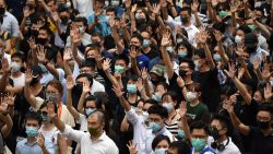 Pro-democracy demonstrators hold up their hands to symbolise their five demands during a protest against an expected government ban on protesters wearing face masks at Chater Garden in Hong Kong on October 4, 2019. - Hong Kong's government was expected to meet October 4 to discuss using a colonial-era emergency law to ban pro-democracy protesters from wearing face masks, in a move opponents said would be a turning point that tips the financial hub into authoritarianism. (Photo by Mohd RASFAN / AFP) (Photo by MOHD RASFAN/AFP via Getty Images)