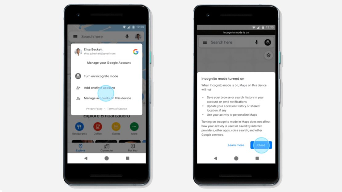 Google Maps' new incognito mode is shown here.