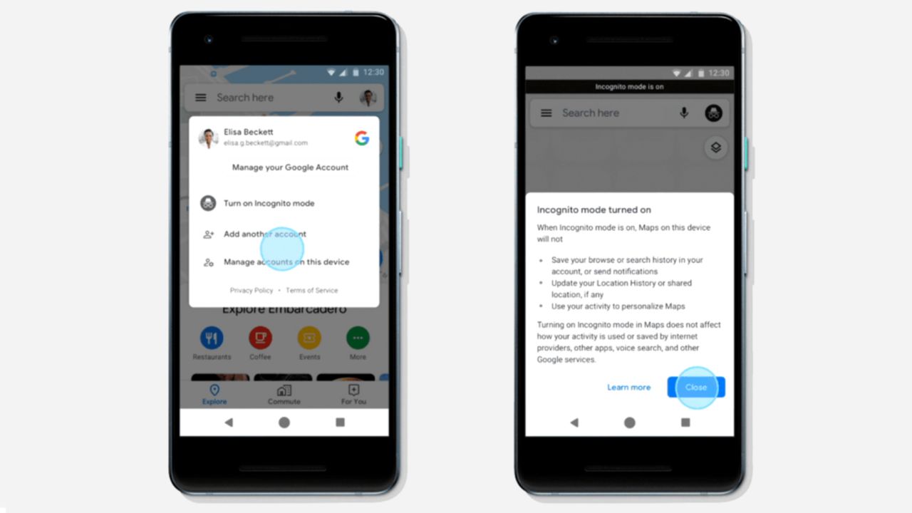 Google Maps' new incognito mode is shown here.