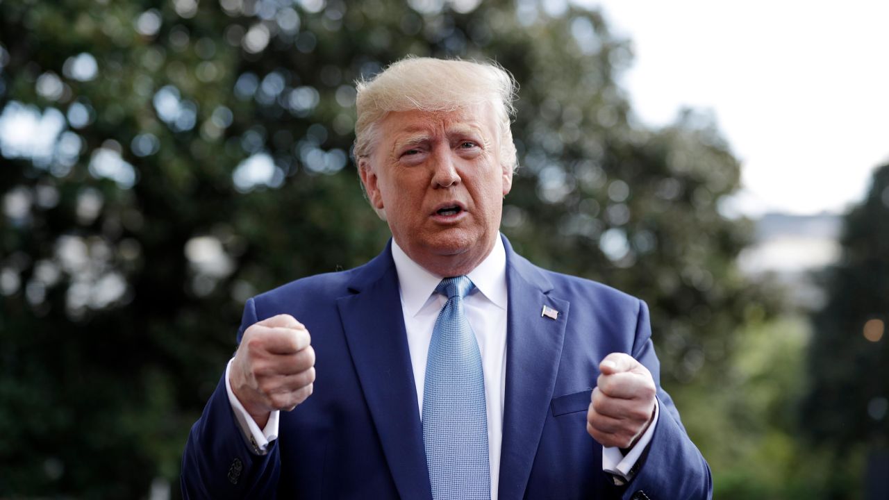 President Donald Trump talks to reporters on the South Lawn of the White House, Friday, October 4, 2019, in Washington. 