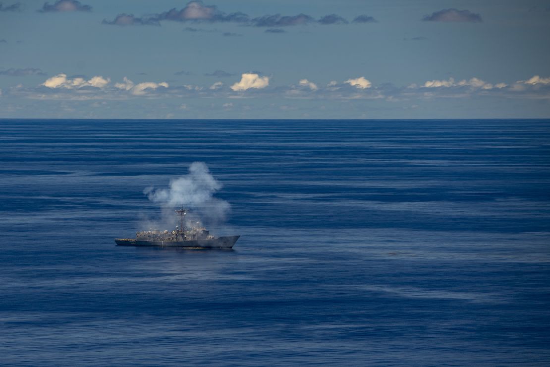 The former USS Ford, a decommissioned frigate, sustains damage as U.S. Navy ships, aircraft and a submarine and Republic of Singapore ships fire at it during a sinking exercise off Guam on Tuesday.