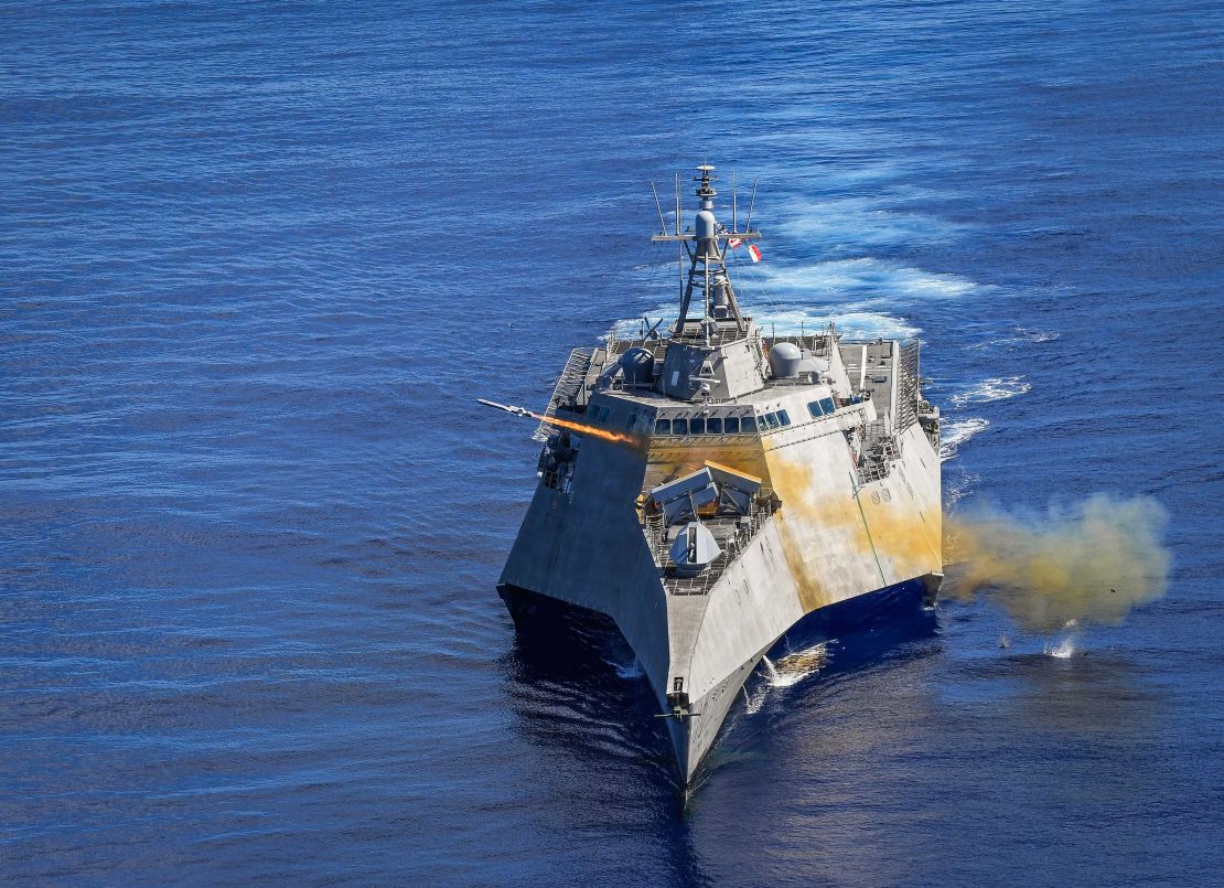 The littoral combat ship USS Gabrielle Giffords launches a Naval Strike Missile (NSM) during an exercise of Guam on Tuesday.