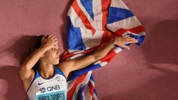 Britain's Katarina Johnson-Thompson celebrates after winning the Women's Heptathlon at the 2019 IAAF Athletics World Championships at the Khalifa International stadium in Doha on October 3, 2019. (Photo by Antonin THUILLIER / AFP) (Photo by ANTONIN THUILLIER/AFP via Getty Images)