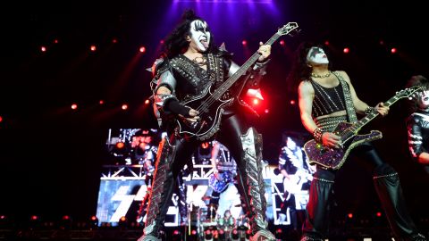 Gene Simmons (L) and Paul Stanley, members of the hard rock band "Kiss," seen here performing during the Resurrection Fest music festival in Viveiro, northern Spain in 2018, tested positive for coronavirus, prompting the postponement of some tour dates.