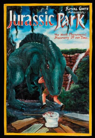 This poster for "Jurassic Park" depicts an iconic scene from the movie.