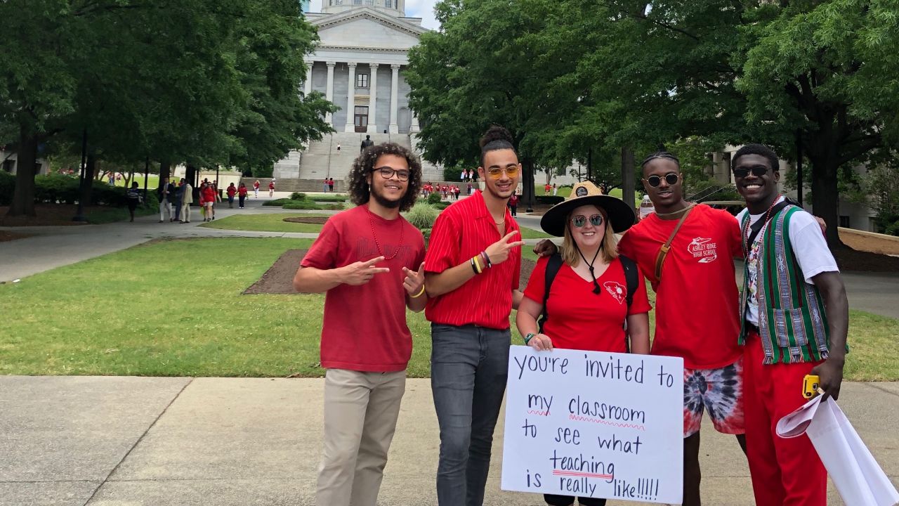 Kyle Fersner (2nd from left) with his Call Me MISTER brothers and teacher cadet teacher, Victoria Merritt last March.