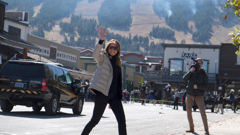 First lady Melania Trump waves to spectators during a visit to Jackson, Wyoming, Thursday, October 3.