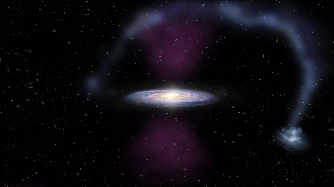 An artist's impression of the massive bursts of ionizing radiation exploding from the center of the Milky Way and impacting the Magellanic Stream.