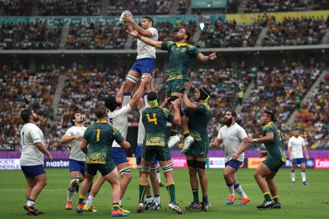 Franco Lamanna of Uruguay wins a line out under challenge from Lukhan Salakaia-Loto of Australia.