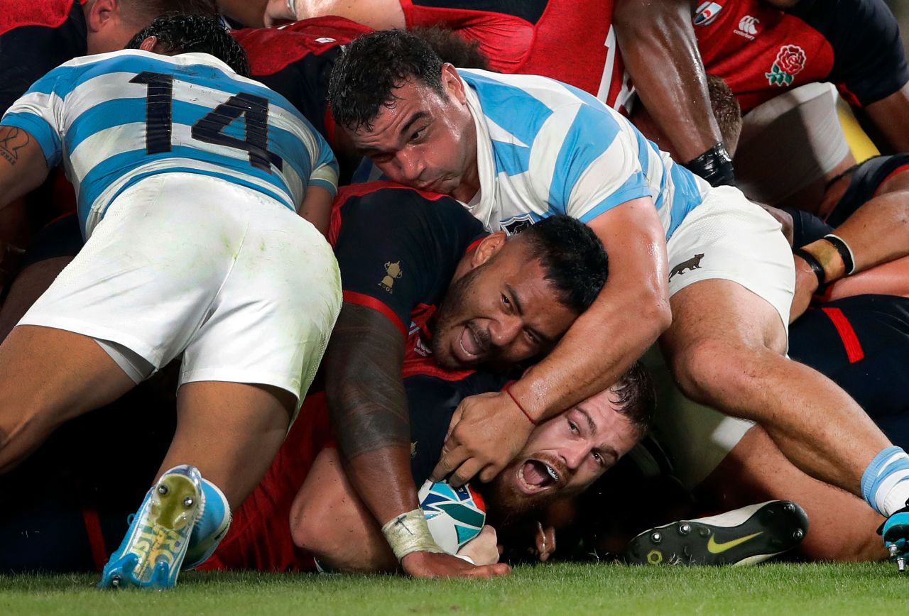 England's Luke Cowan-Dickie scores his side's sixth and final try against the Argentina Pumas in a 39-10 win in Pool C.