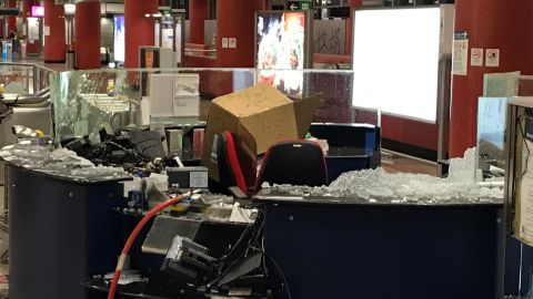 Damage inside Hong Kong's Tseung Kwan O MTR station, one of numerous locations targeted by anti-government protesters on October 4.