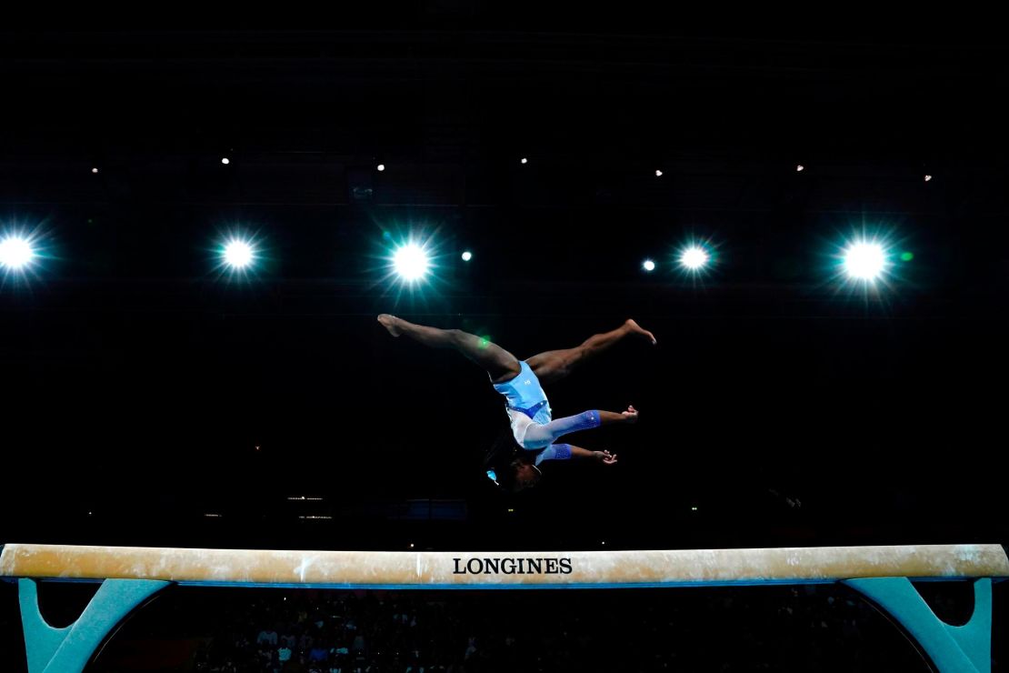 Simone Biles during the women's qualifying session at the FIG Artistic Gymnastics World Championships in Stuttgart, Germany