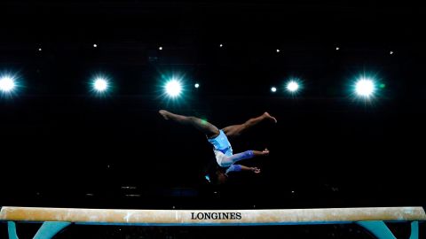 Simone Biles during the women's qualifying session at the FIG Artistic Gymnastics World Championships in Stuttgart, Germany