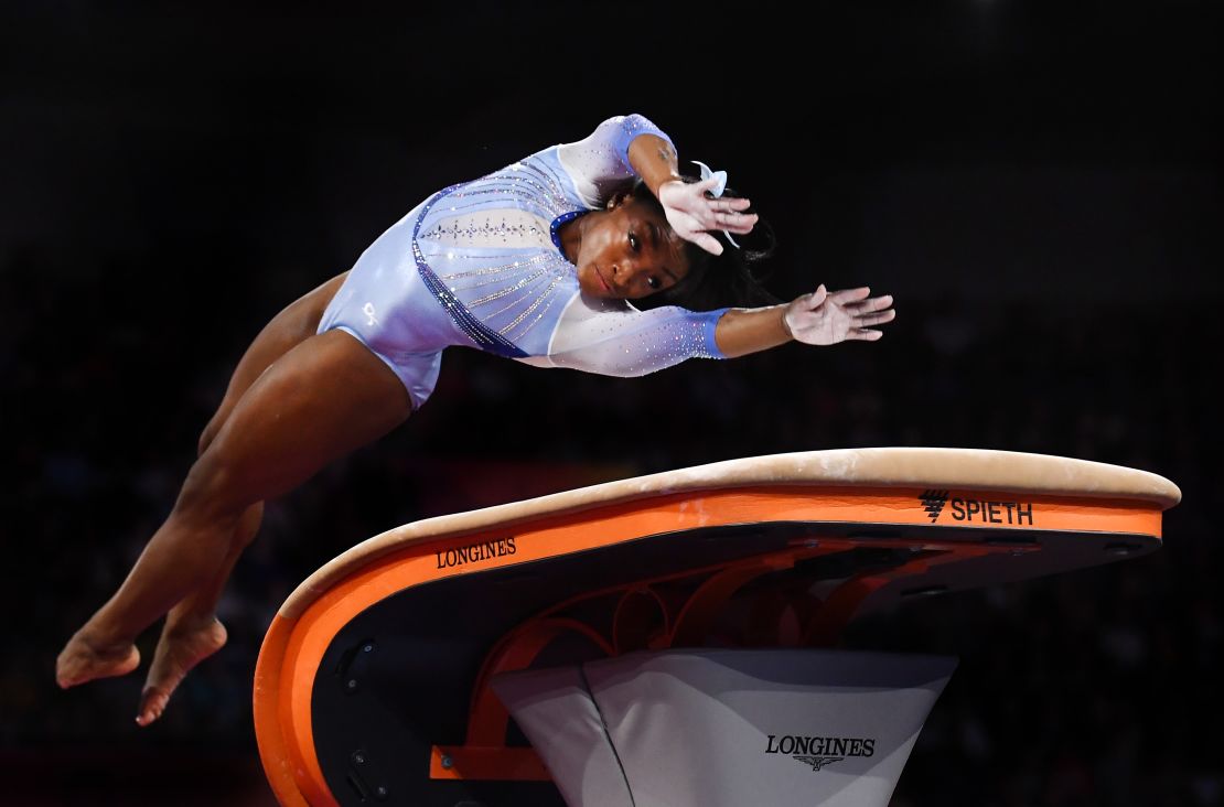 Biles twists before hitting the vaulting table and soaring into the air the 2019 world championships.