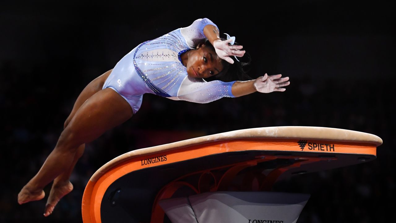 Biles twists before hitting the vaulting table and soaring into the air the 2019 world championships.