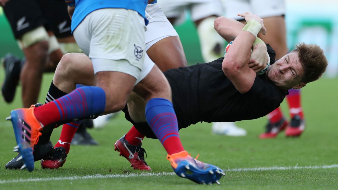 Jordie Barrett of New Zealand dives to score his side's tenth try a 71-9 win for the All Blacks over Namibia in Pool B at the Tokyo Stadium.