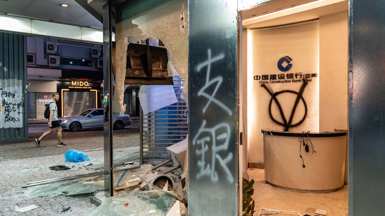 A China Construction Bank is seen vandalized in the Causeway Bay area of Hong Kong on October 6.