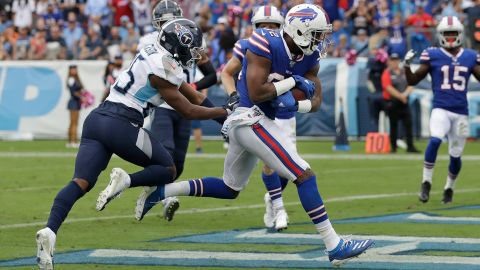 In his first NFL game, Buffalo Bills wide receiver Duke Williams scores a touchdown on Sunday against the Tennessee Titans.