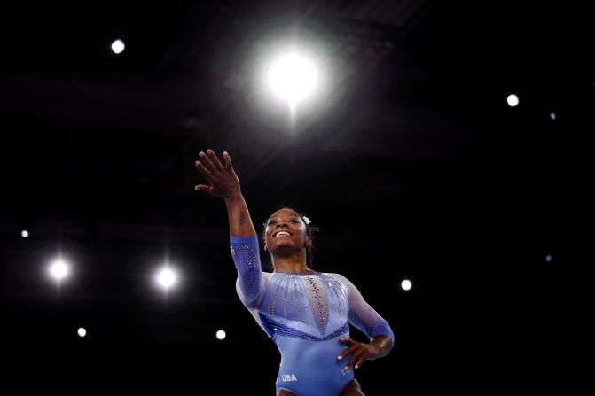 American gymnast Simone Biles performs her floor-exercise routine at the World Championships on Saturday, October 5. She landed a triple-double — a double backflip with three twists. <a href="index.php?page=&url=https%3A%2F%2Fwww.cnn.com%2F2019%2F10%2F05%2Fus%2Fsimone-biles-world-championships-elements-named-trnd%2Findex.html" target="_blank">The move will be named after her,</a> as will a double-double dismount she nailed on the balance beam.