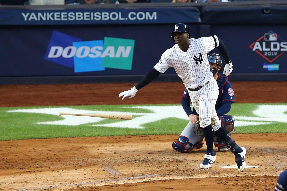 New York Yankees shortstop Didi Gregorius trots to first after connecting on a grand slam against Minnesota on Saturday, October 5. The Yankees won the playoff game 8-2 to take a 2-0 series lead.