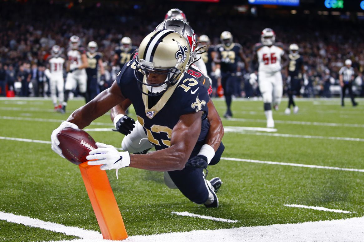 New Orleans wide receiver Michael Thomas reaches for the end zone during an NFL game against Tampa Bay on Sunday, October 6. Thomas had two touchdowns in the Saints' 31-24 victory.